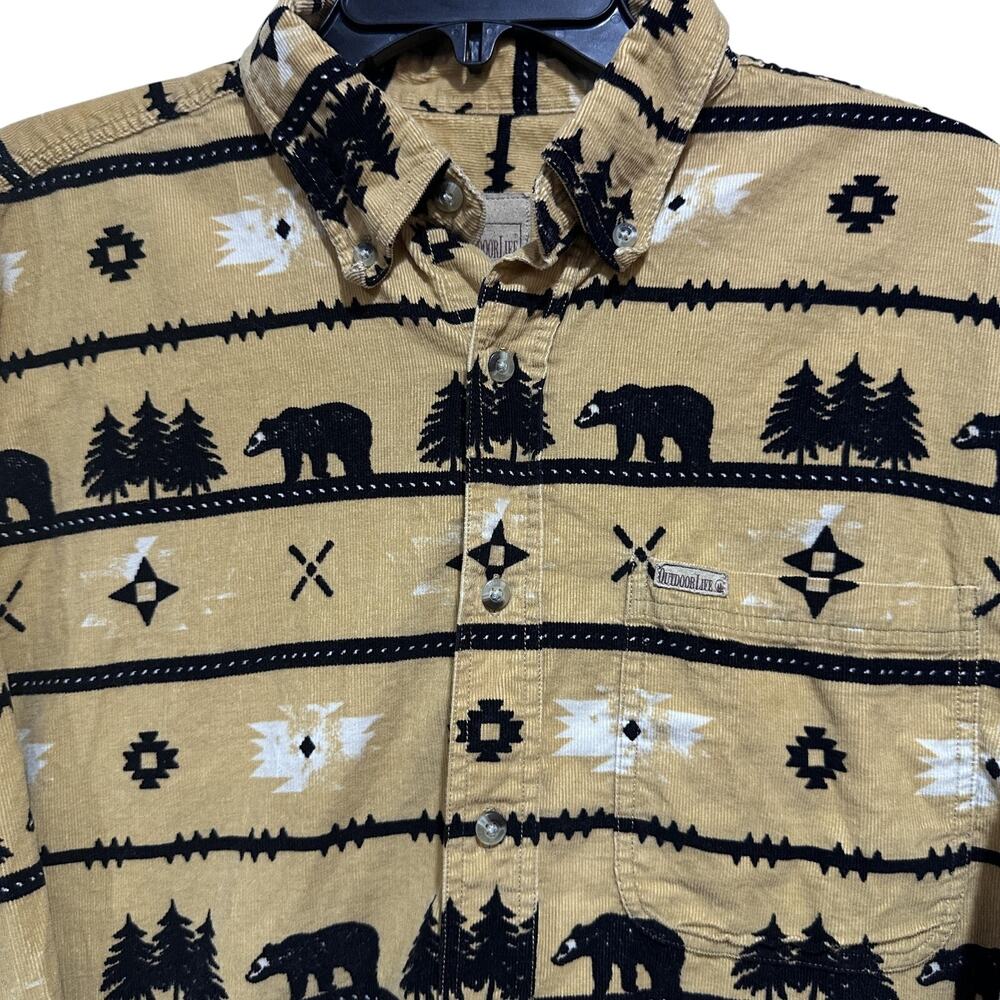 Outdoor Life Western Shirt XL Yellow Lightweight Corduroy Button Up Bear Forest